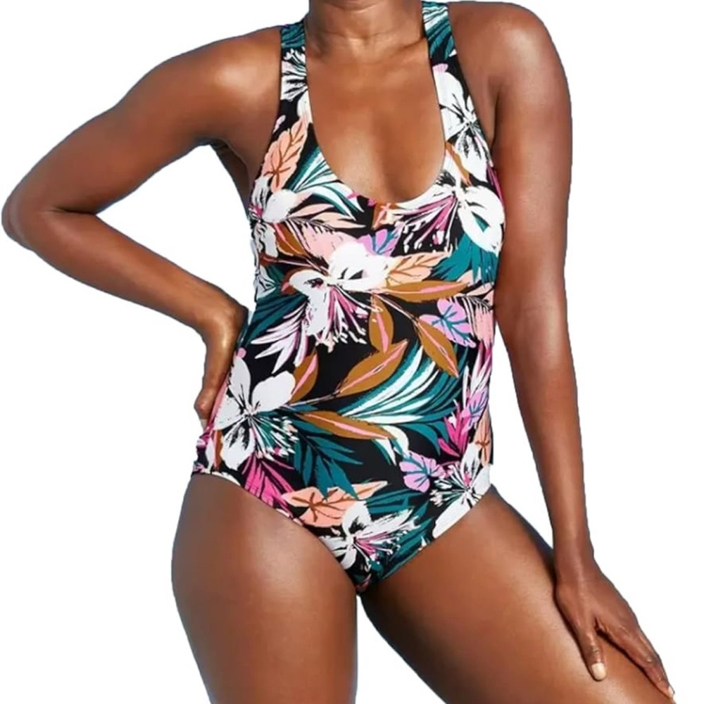 Onepiece Black and Pink One Piece Swimsuit with Plunging Neckline